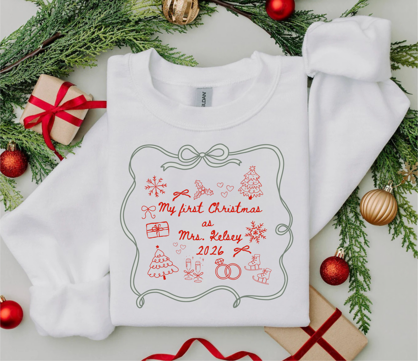 Custom Christmas Crewneck Sweatshirt β My First Christmas as Mrs. with Last Name | Personalized Newlywed Holiday Sweater with Bows for Women