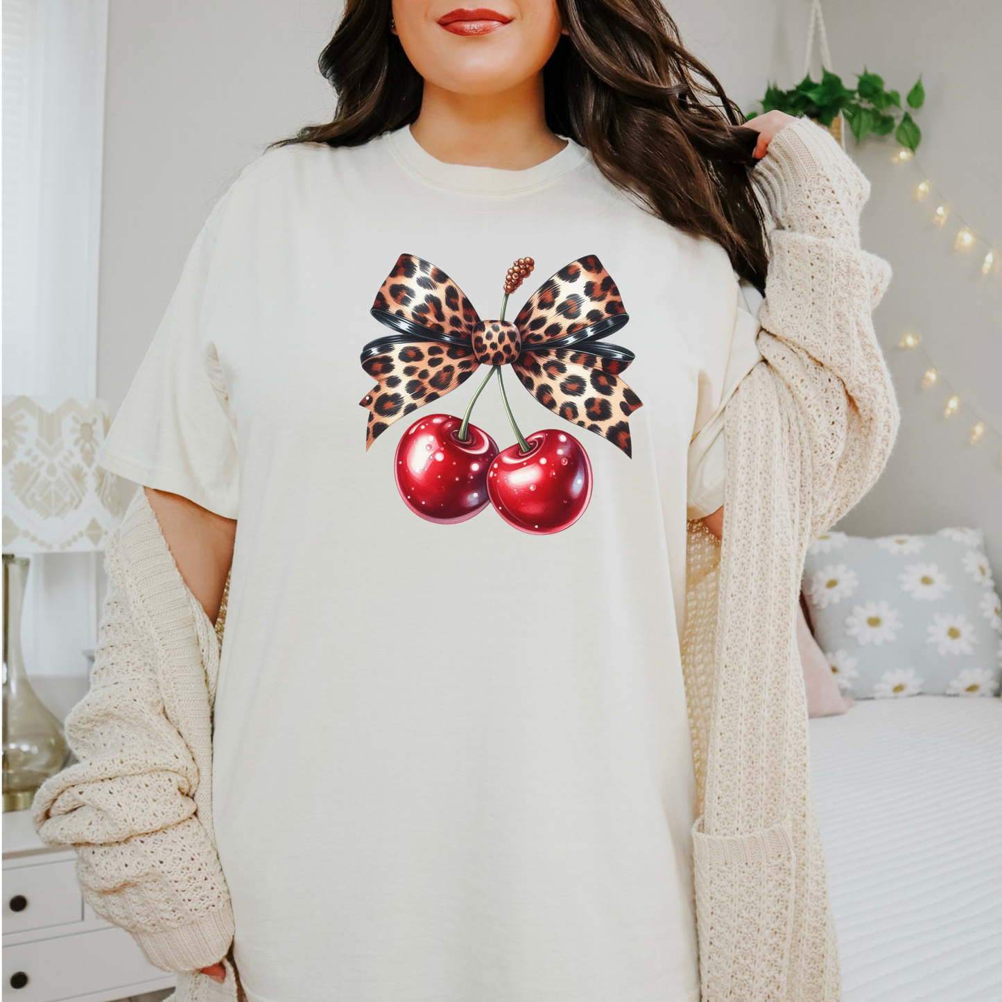 Leopard Print Cherry Bow Coquette Shirt