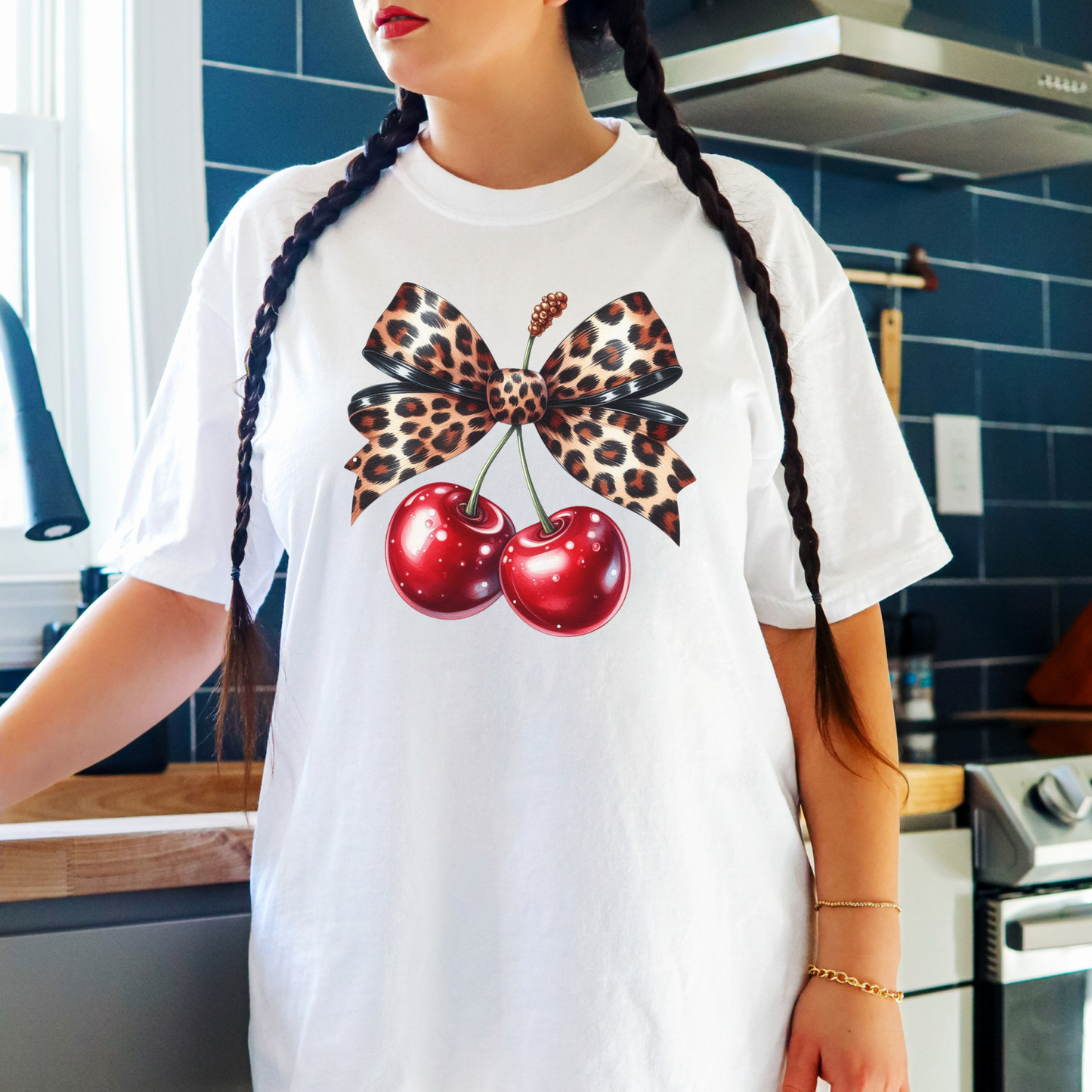 Leopard Print Cherry Bow Coquette Shirt