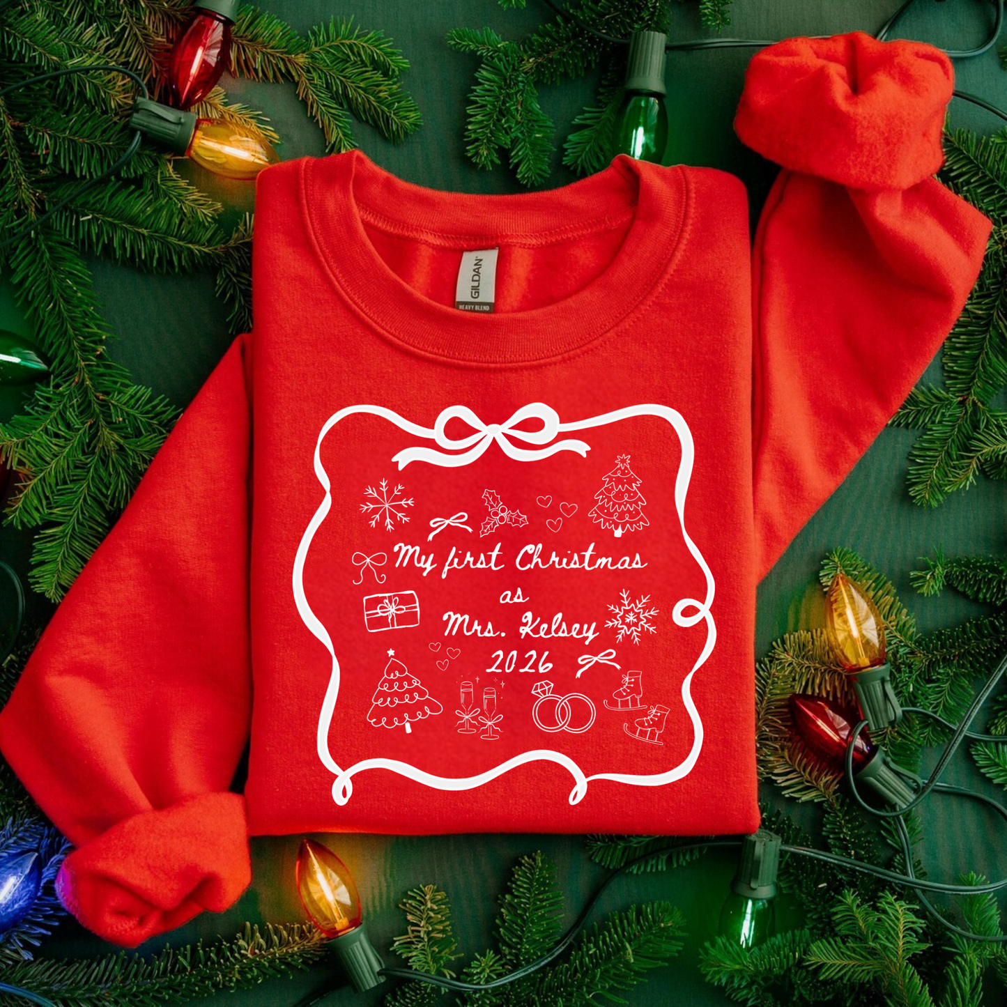 Personalized Christmas sweatshirt with bows β My First Christmas as Mrs. design