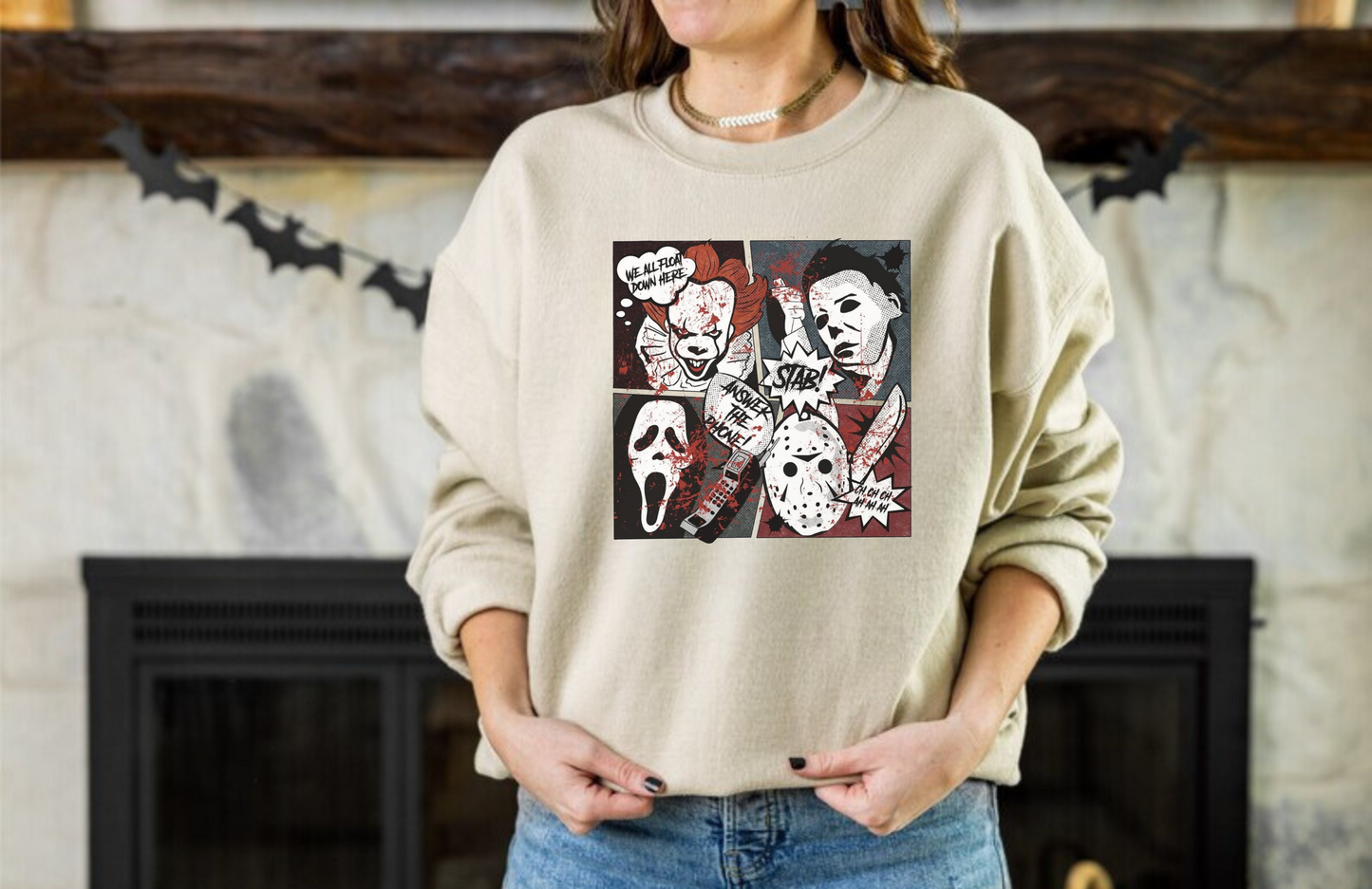 A Halloween horror movie crewneck sweatshirt for women featuring a retro-inspired design with a spooky and comic book aesthetic.