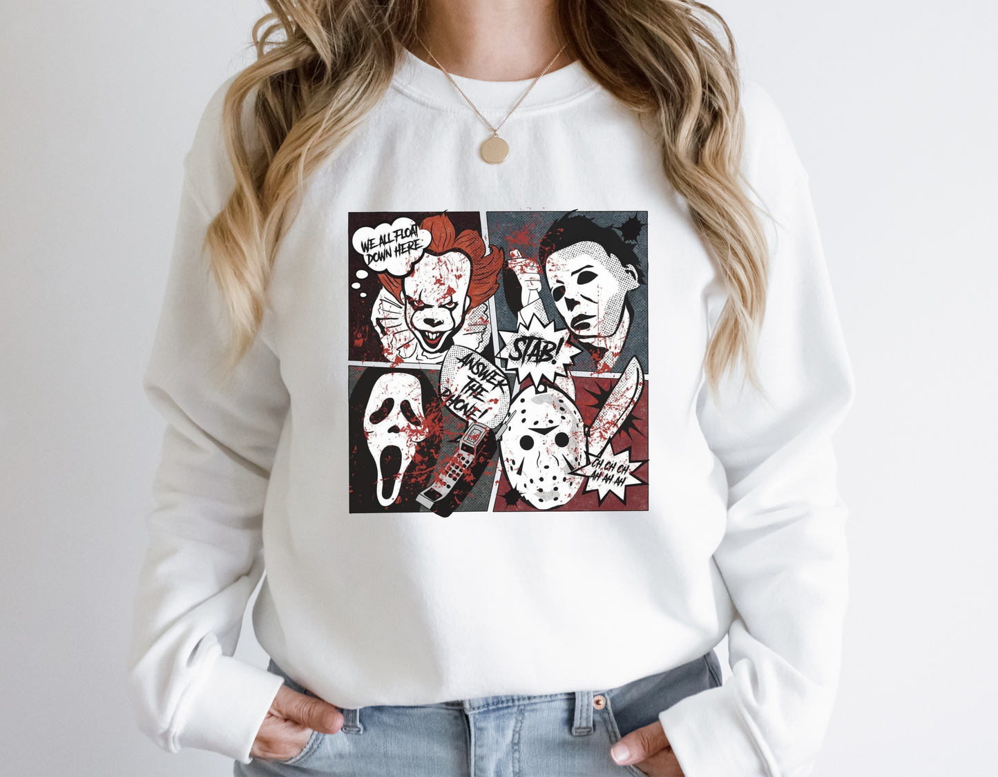 A Halloween horror movie crewneck sweatshirt for women featuring a retro-inspired design with a spooky and comic book aesthetic.