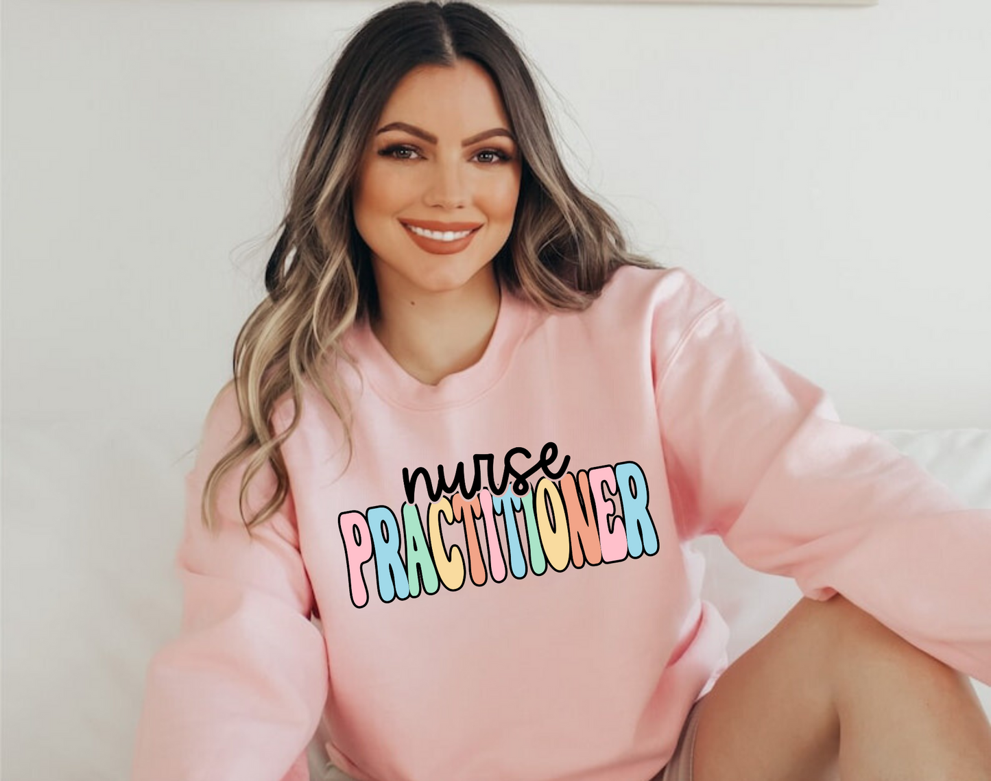 Nurse Practitioner crewneck sweatshirt for women, featuring a stylish design and comfortable fit. Perfect for nurse work outfits or casual wear.