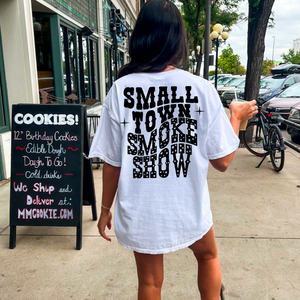 "Small Town Smoke Show" oversized t-shirt for women, featuring a bold and fun design.