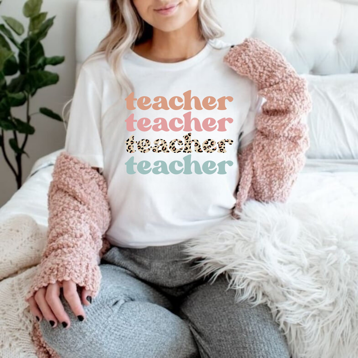 Cute leopard print teacher shirt.