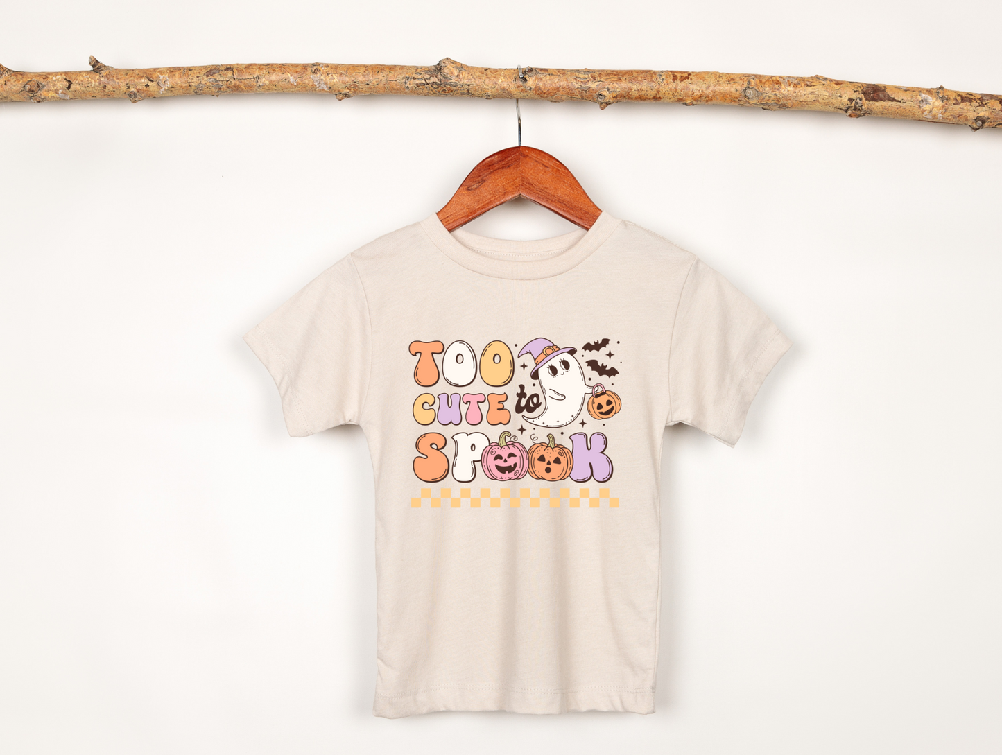 'Too Cute Too Spook' Halloween Shirt for Girls - Elevate her Halloween charm with our playful and preppy Halloween shirt, celebrating the season in adorable style. Perfect for adding a unique touch to her Halloween outfit. Shop now for the personalized kids' Halloween shirt!