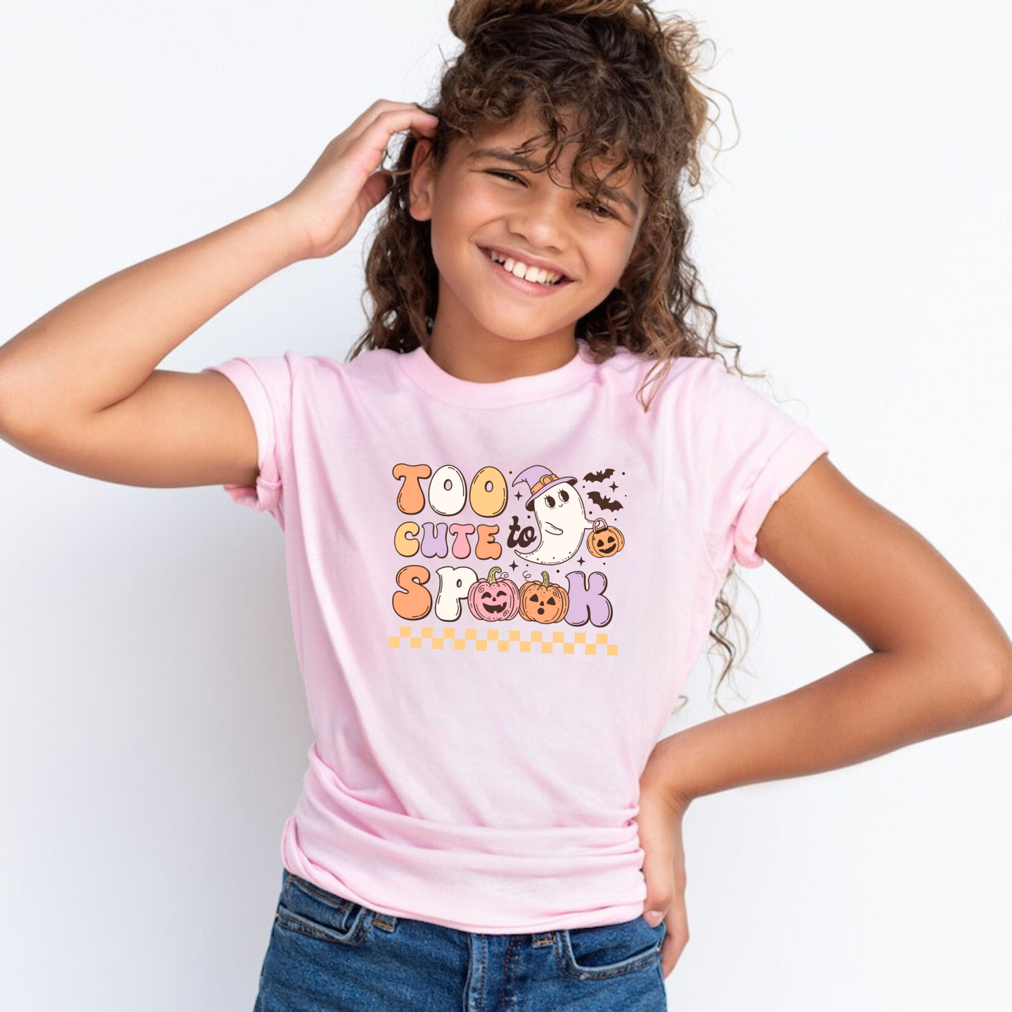 'Too Cute Too Spook' Halloween Shirt for Girls - Elevate her Halloween charm with our playful and preppy Halloween shirt, celebrating the season in adorable style. Perfect for adding a unique touch to her Halloween outfit. Shop now for the personalized kids' Halloween shirt!