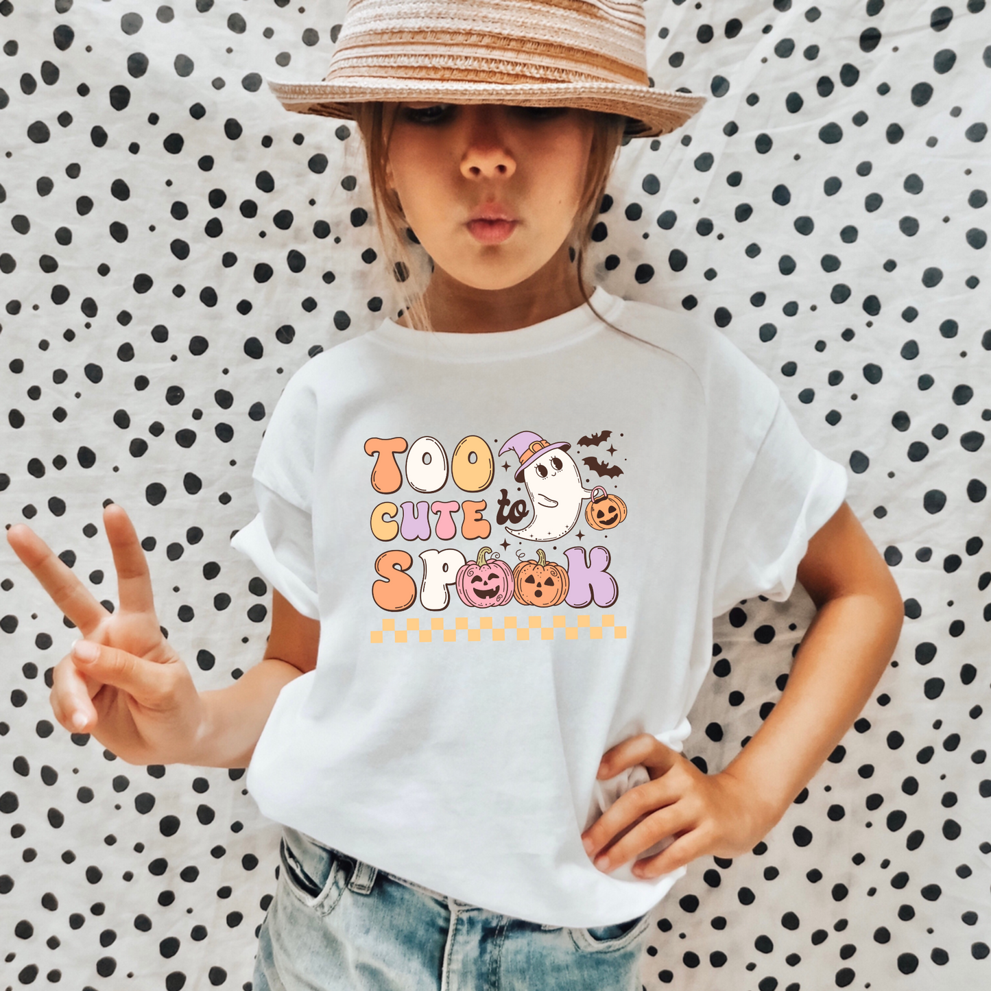 'Too Cute Too Spook' Halloween Shirt for Girls - Elevate her Halloween charm with our playful and preppy Halloween shirt, celebrating the season in adorable style. Perfect for adding a unique touch to her Halloween outfit. Shop now for the personalized kids' Halloween shirt!