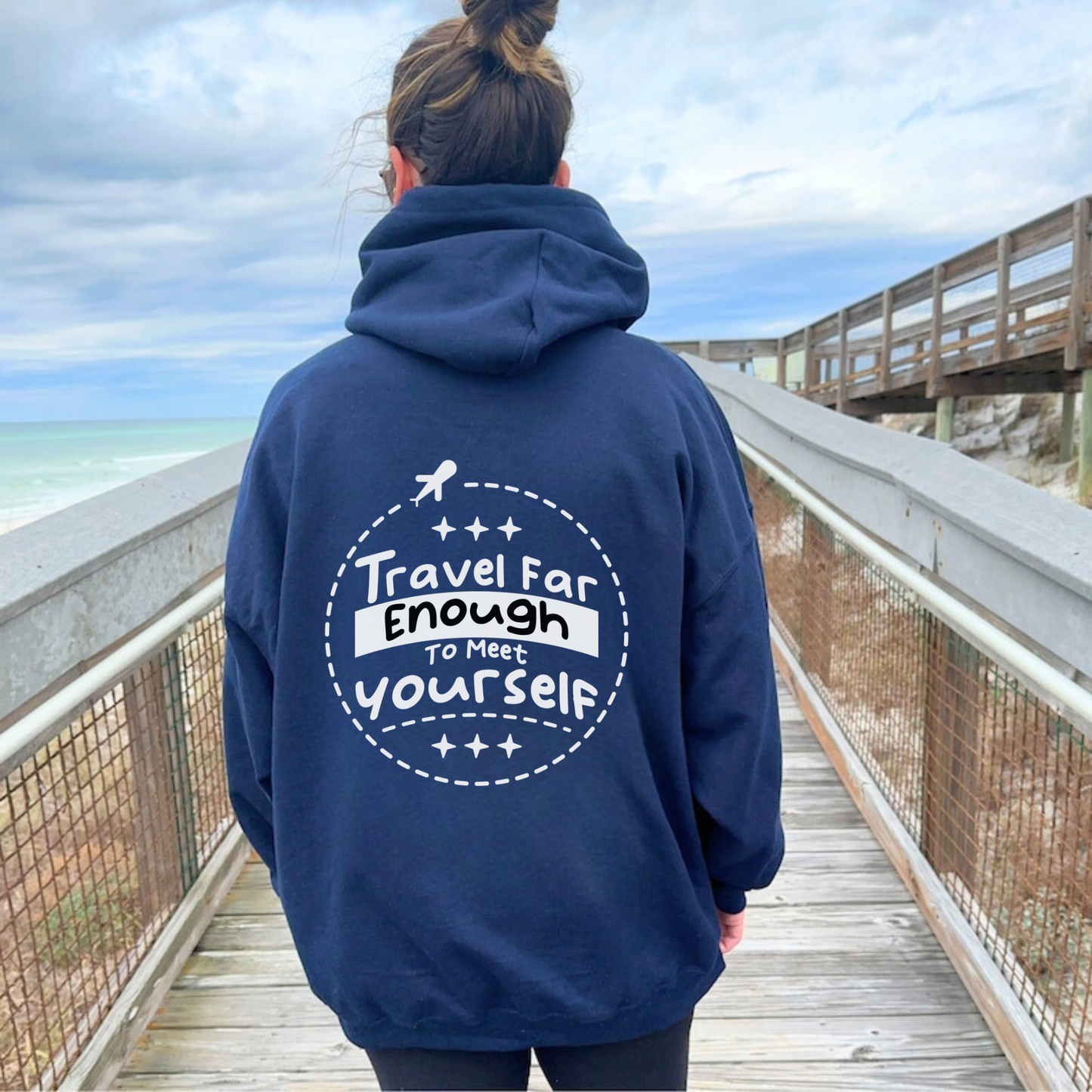 Oversized travel hoodie for women with travel aesthetic, wanderlust vibes, and high-quality materials.