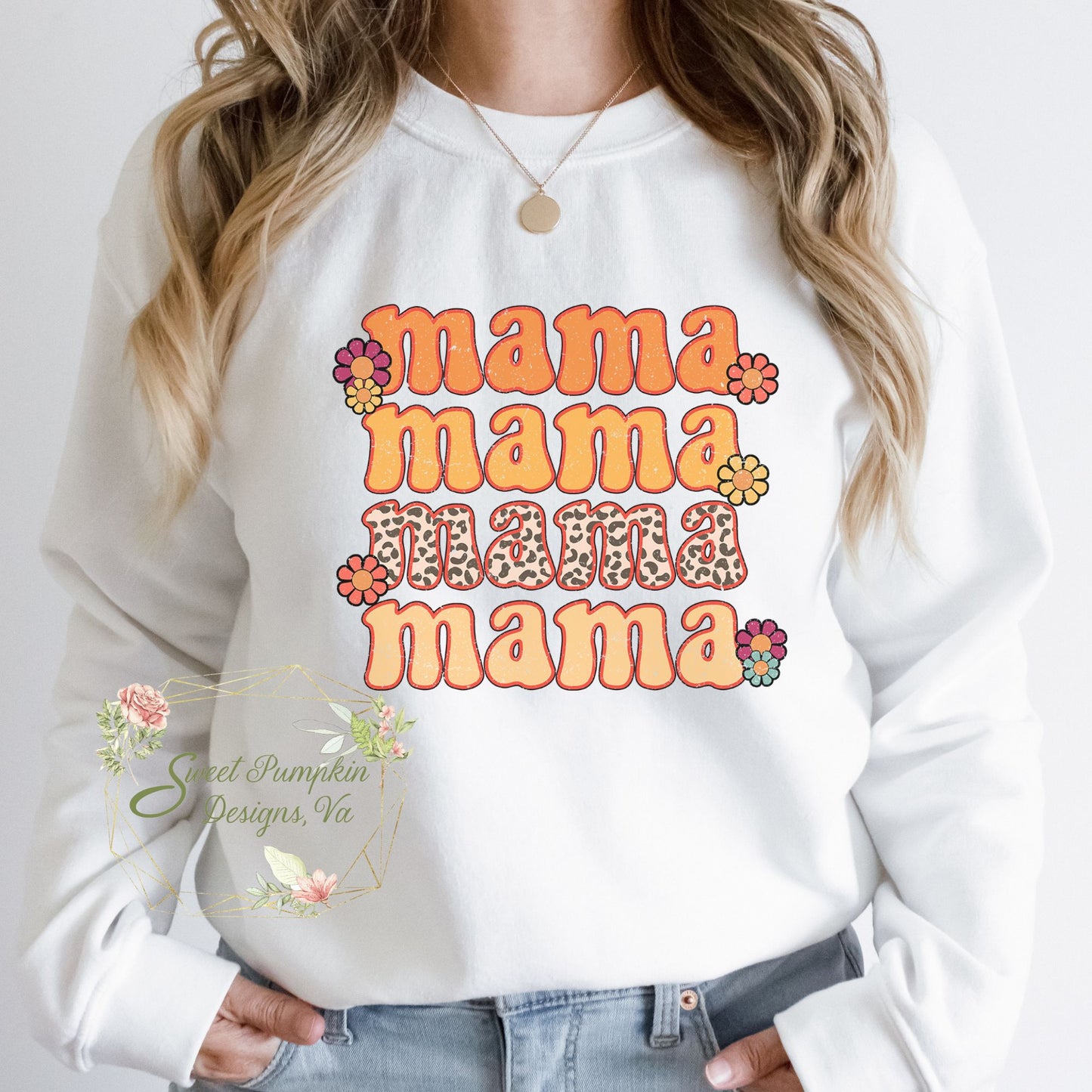 A cozy sweatshirt in a muted mustard color with a retro daisy design on the front. The crewneck sweatshirt features ribbed cuffs and hem, and long sleeves.