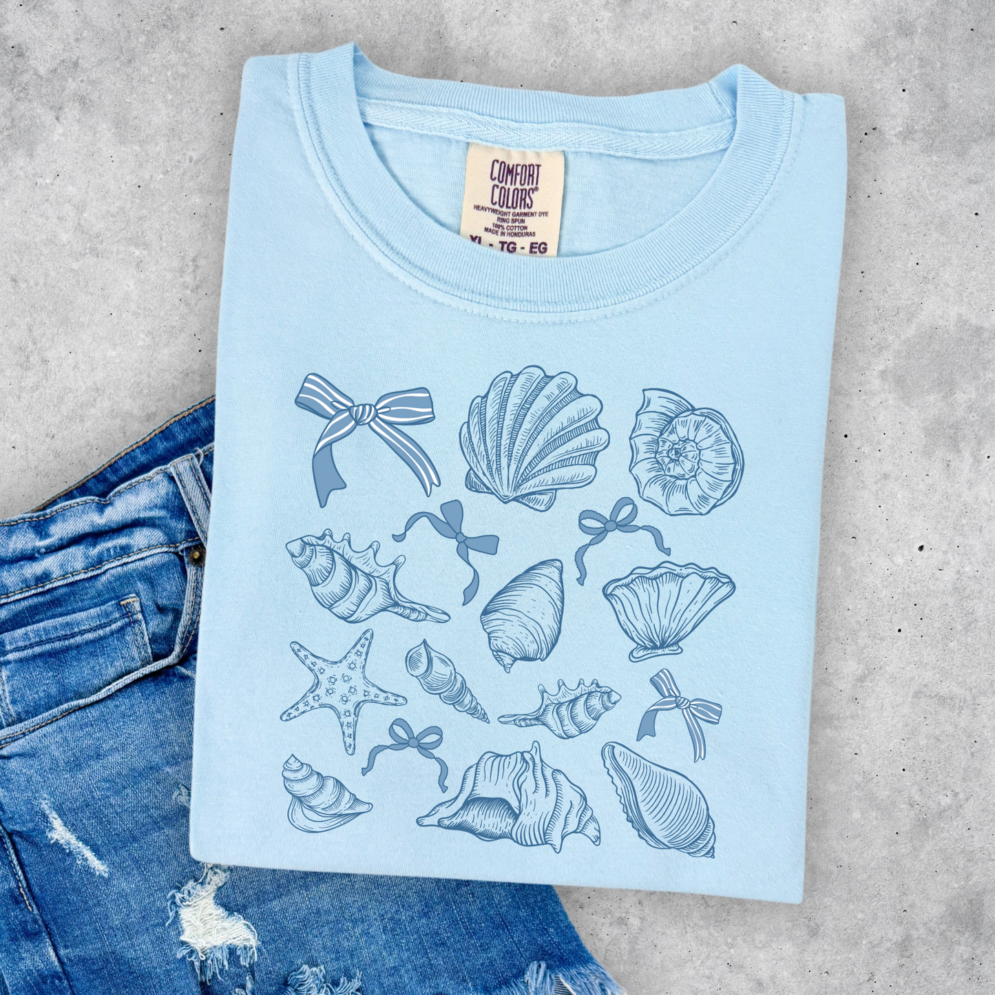 Blue Bow Beach Seashell Coquette Shirt