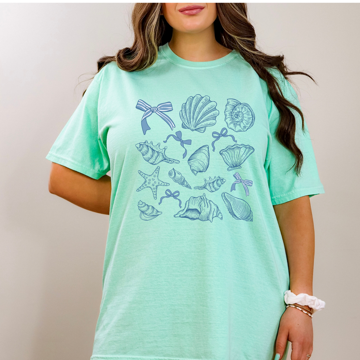 Blue Bow Beach Seashell Coquette Shirt
