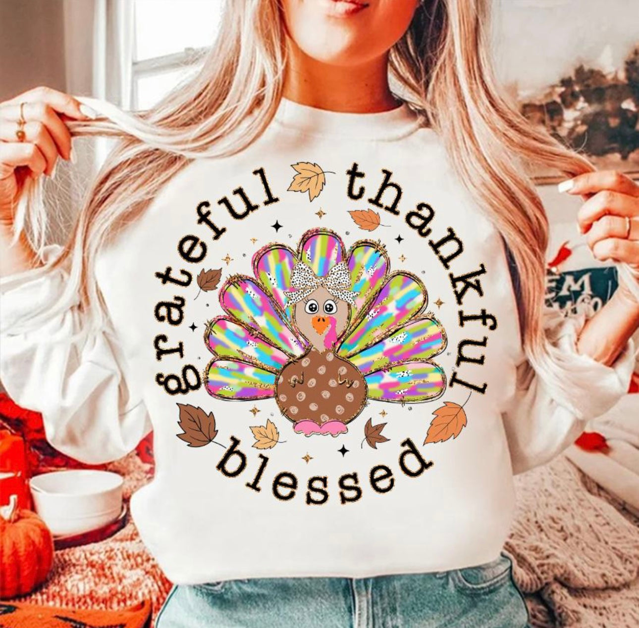 Grateful Thankful Blessed Turkey Thanksgiving Shirt | Bella Canvas Shirt