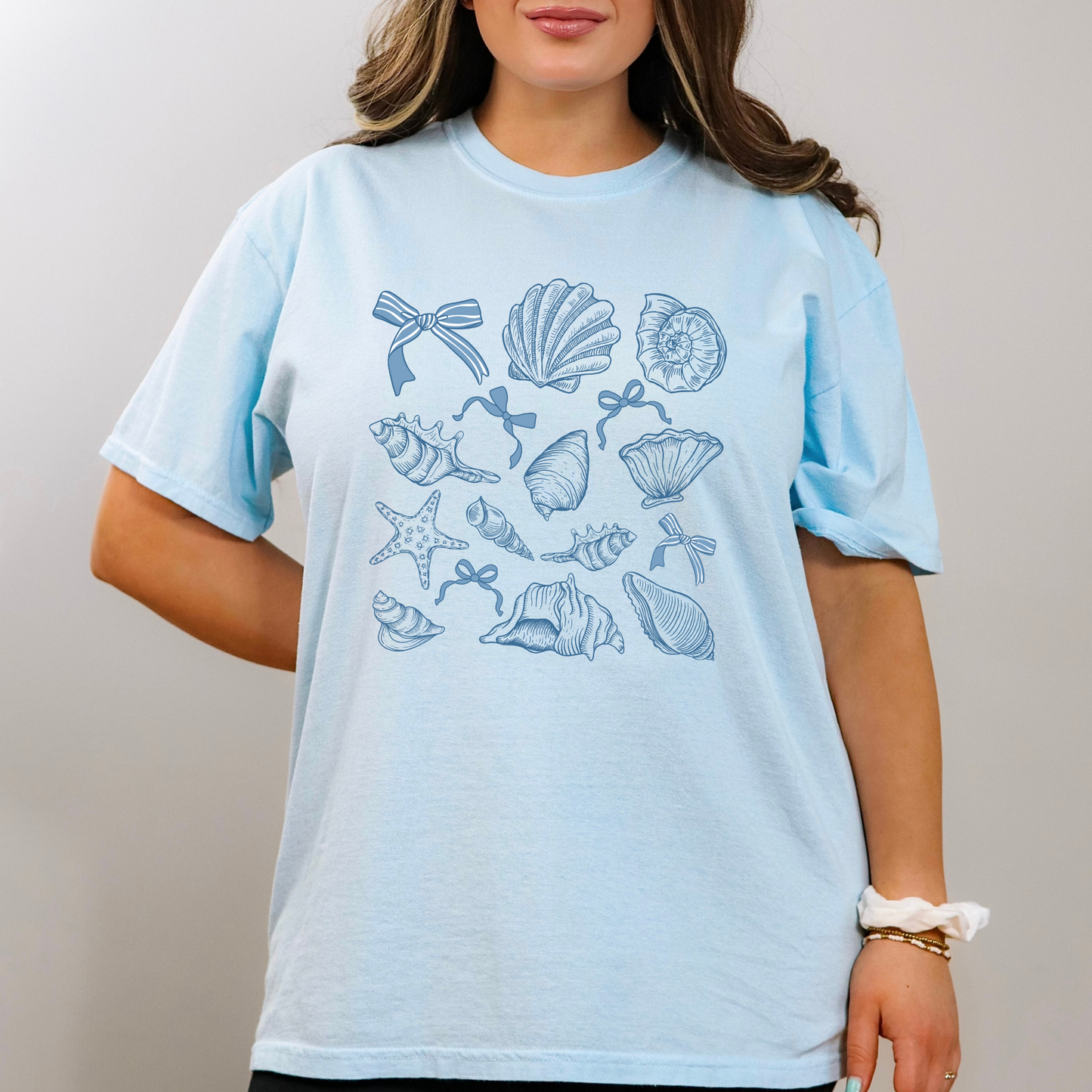 Blue Bow Beach Seashell Coquette Shirt