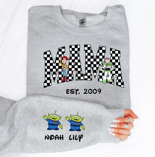 Custom Toy Mama Sweatshirt with Kids Names on Sleeve