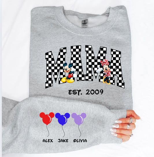 Custom Mouse Balloon Mama Sweatshirt with Kids Names on Sleeve