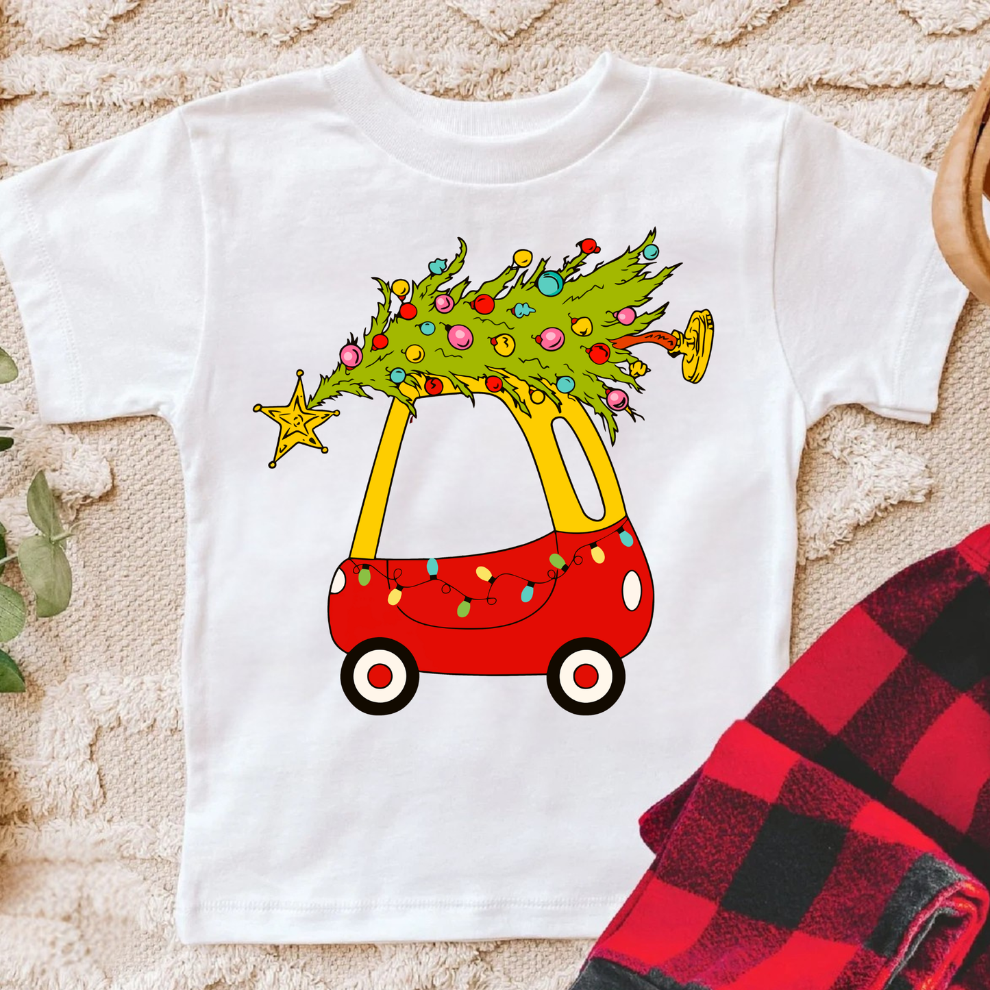 Boys Christmas Car Shirt • Little Red Car with Tree