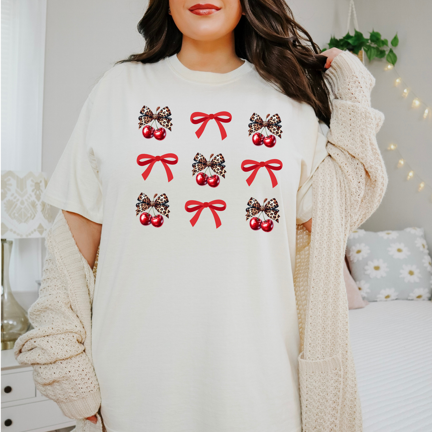 Leopard Print Cherry Bow Collage Coquette Shirt