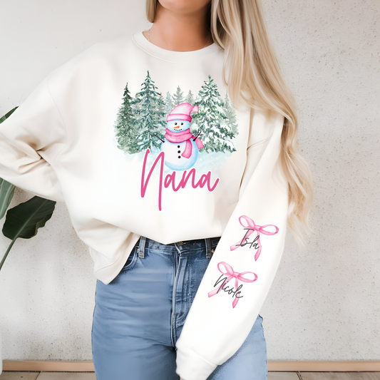 Custom Snowman Family Sweatshirt — Personalized Name (Grandma, Aunt, Nana, Mama, etc.) + Kids’ Names on Sleeve with Bow | Gildan 18000 | Christmas Gift