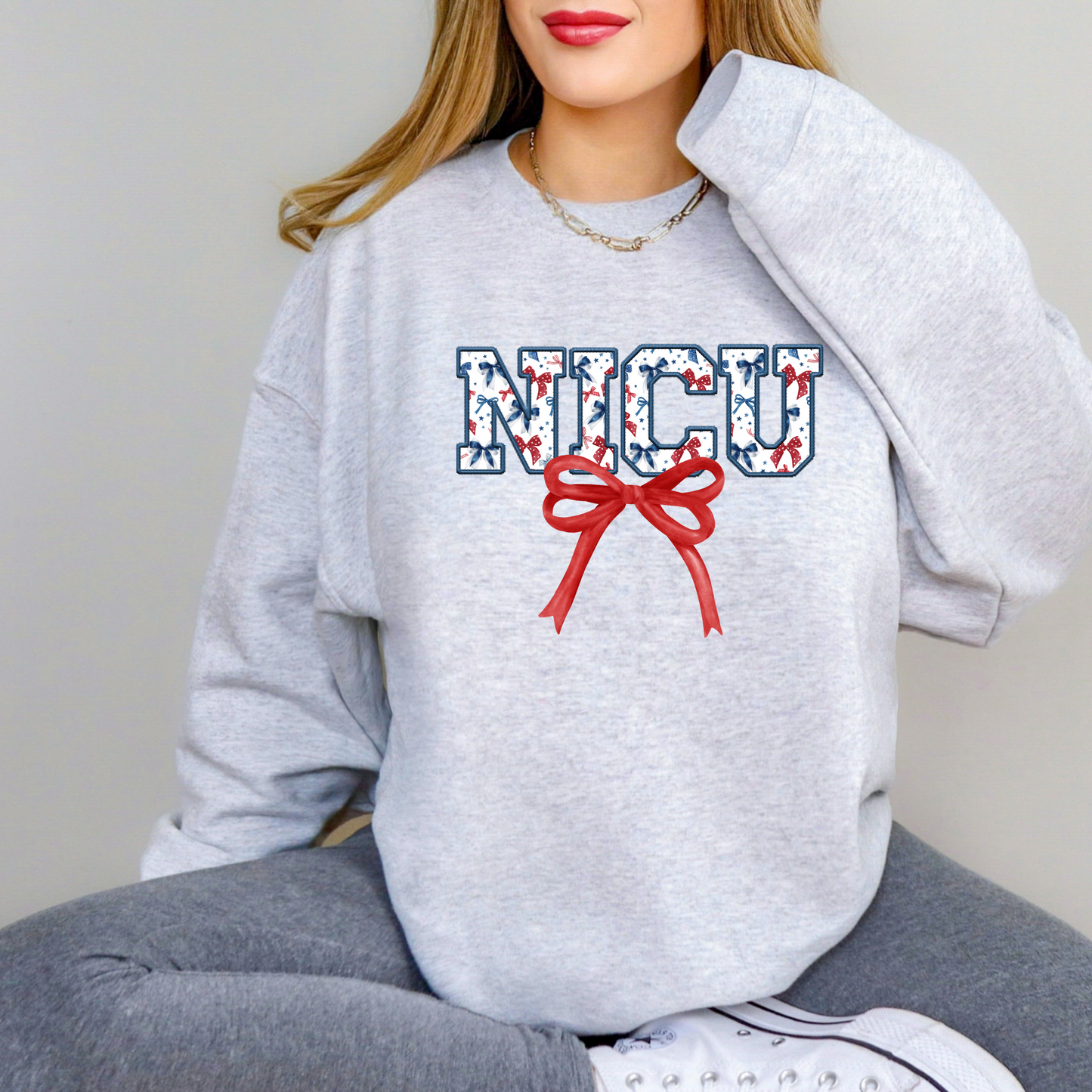4th of July Patriotic NICU coquette bow nurse crewneck sweatshirt