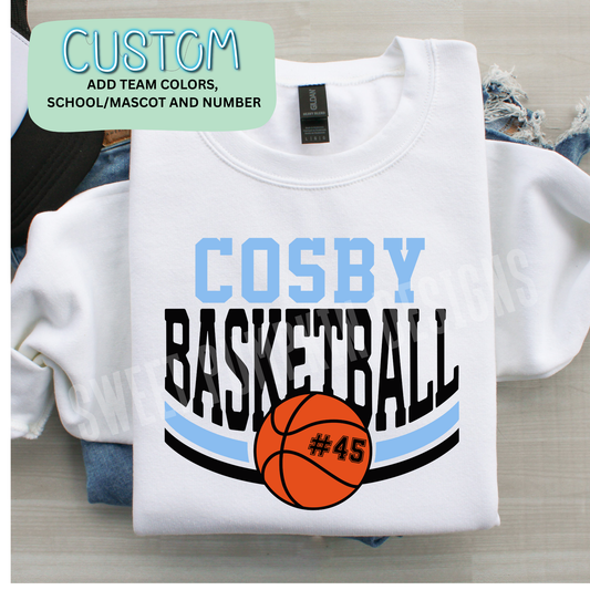 Custom basketball sweatshirt with team name, mascot, and player number on Gildan 18000 crewneck