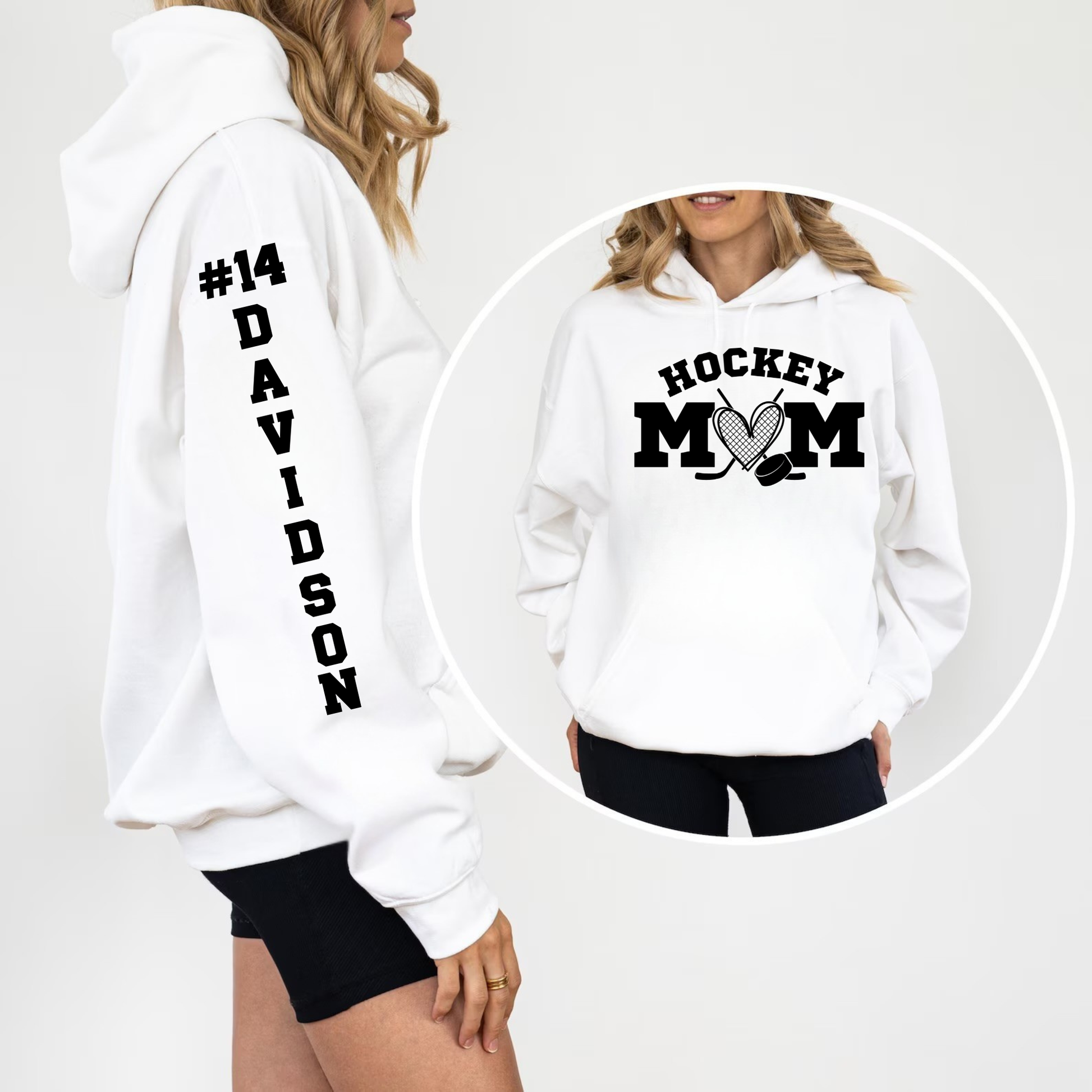 Custom Hockey Mom Hoodie with Name & Number on Sleeve – Game Day Gift