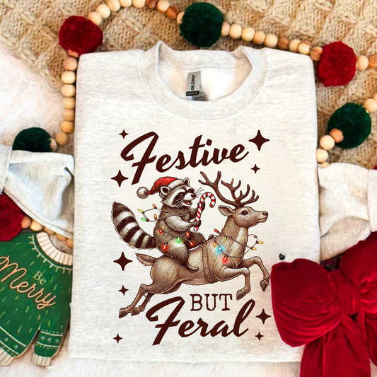 Festive But Feral Christmas Raccoon Sweatshirt | Funny Holiday Crewneck for Women | Cozy Gildan 18000 Christmas Sweatshirt
