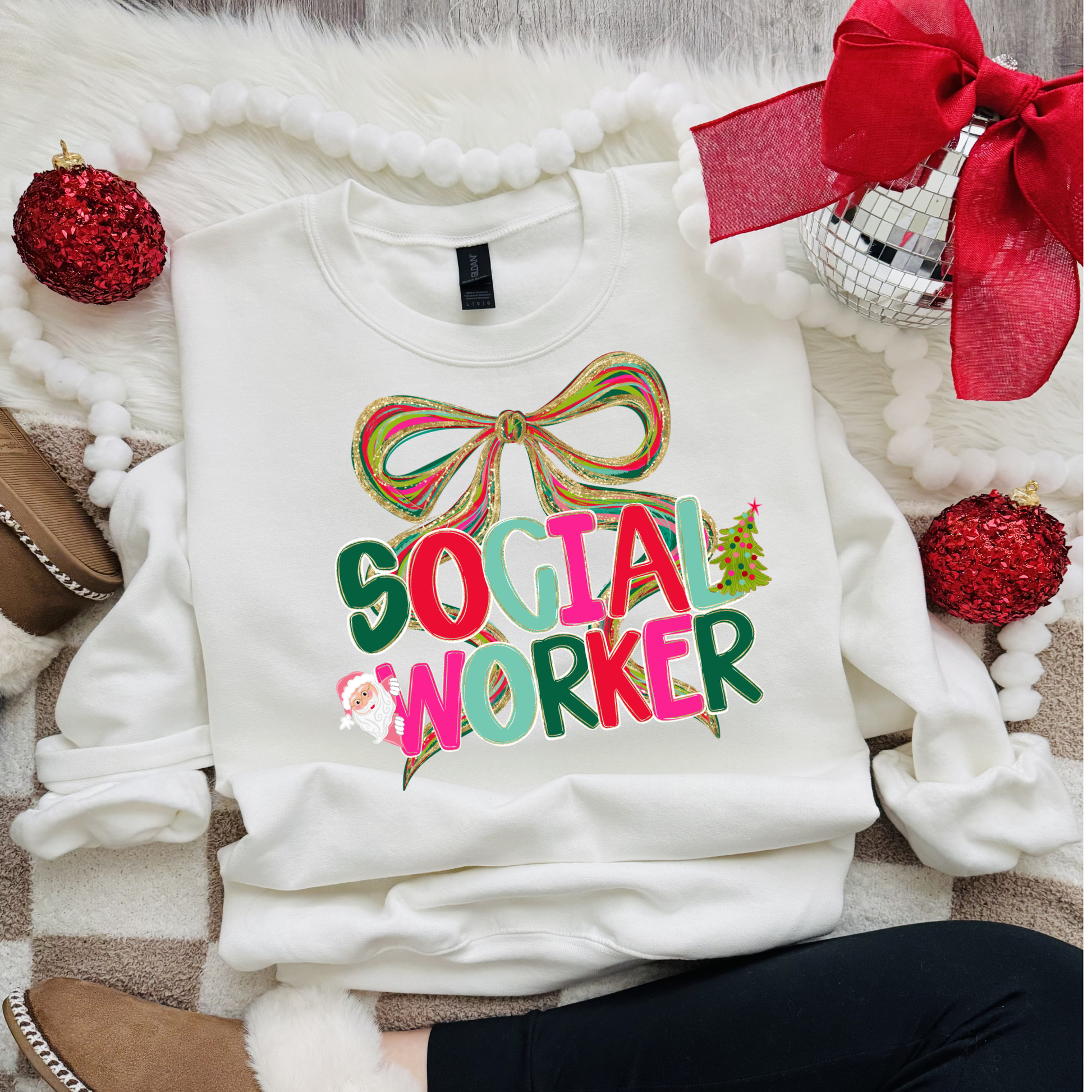 Christmas Social Worker Sweatshirt on Gildan 18000 — cozy unisex holiday crewneck gift for social workers