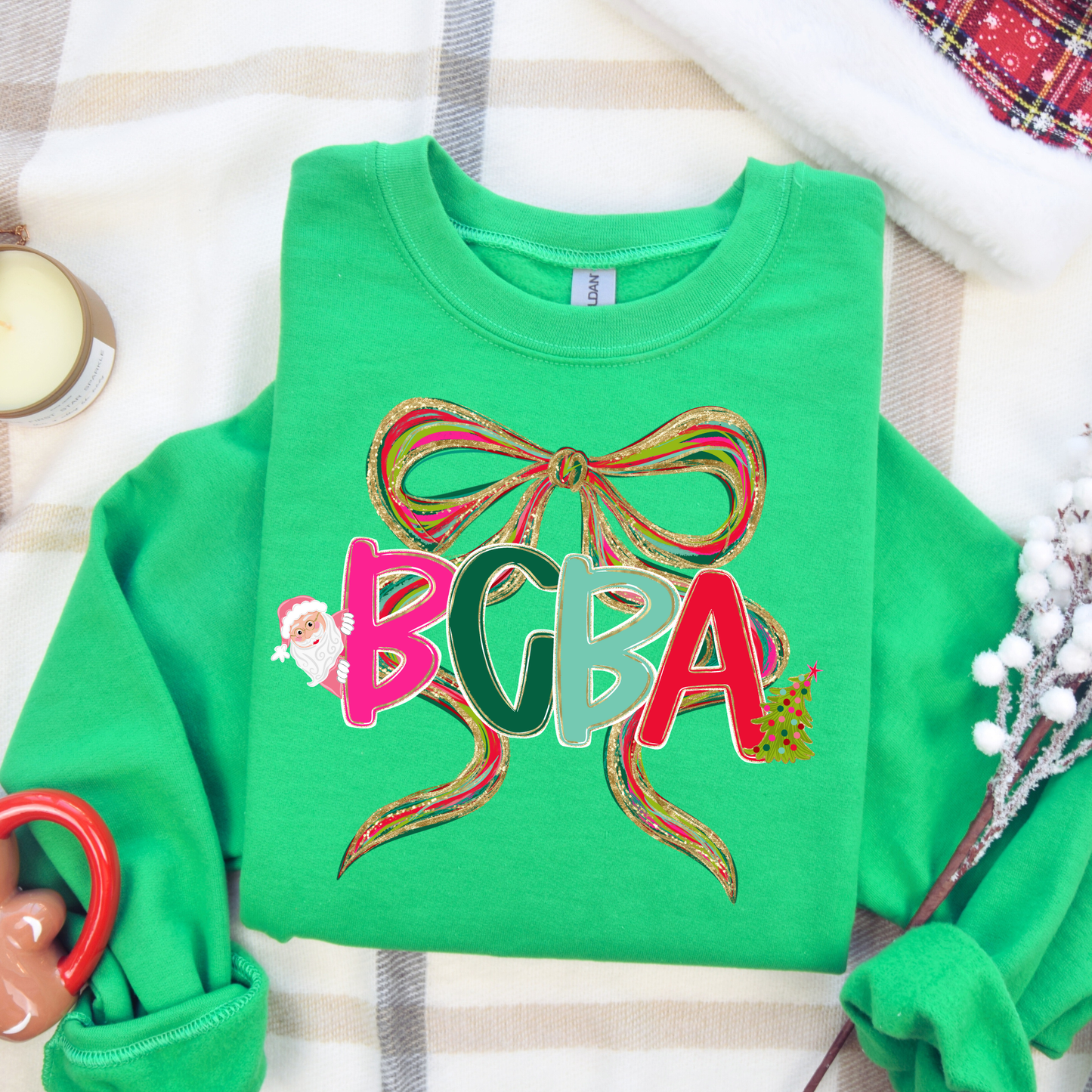 Christmas BCBA Sweatshirt on Gildan 18000 — cozy holiday crewneck gift for behavior analysts and ABA therapists