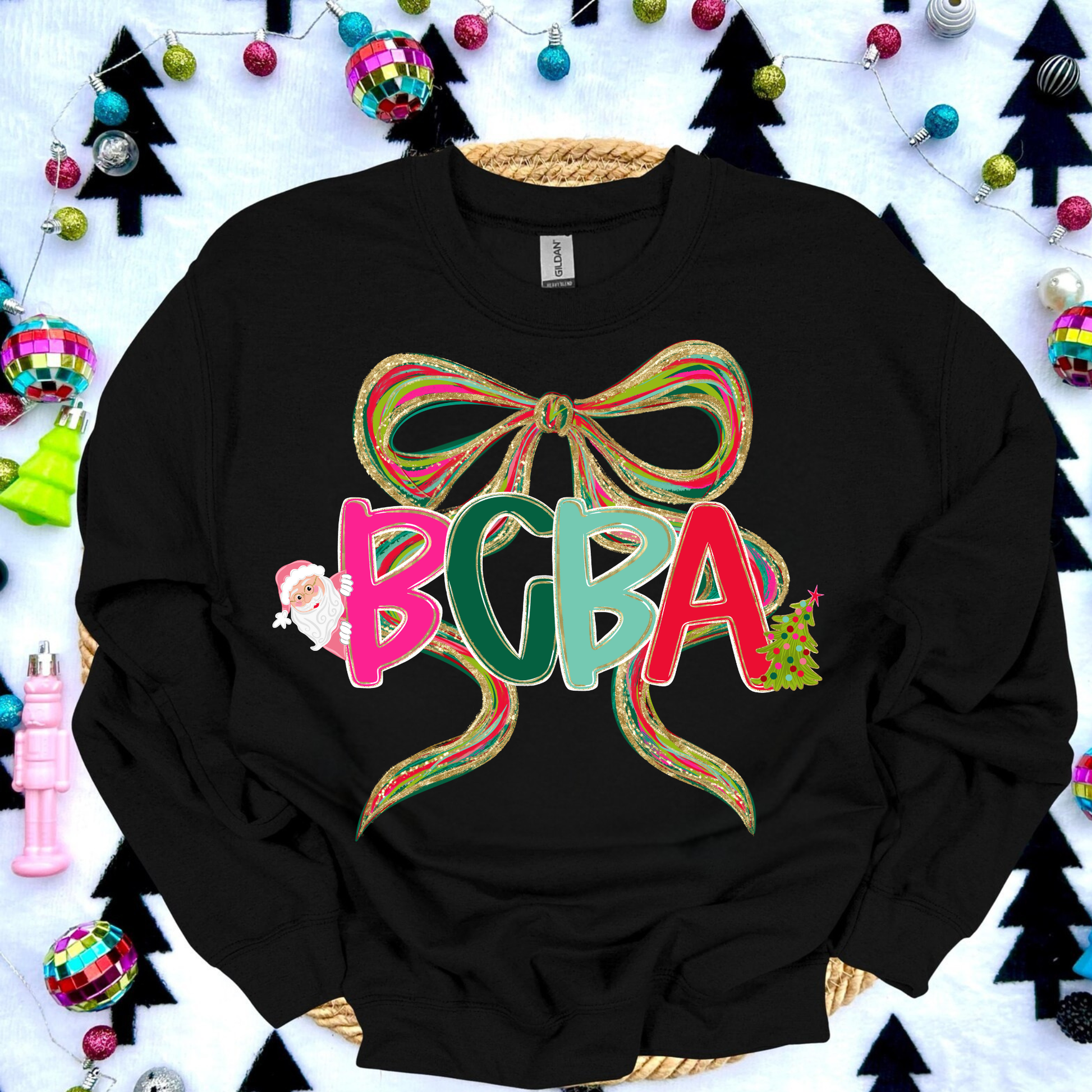 Christmas BCBA Sweatshirt on Gildan 18000 — cozy holiday crewneck gift for behavior analysts and ABA therapists