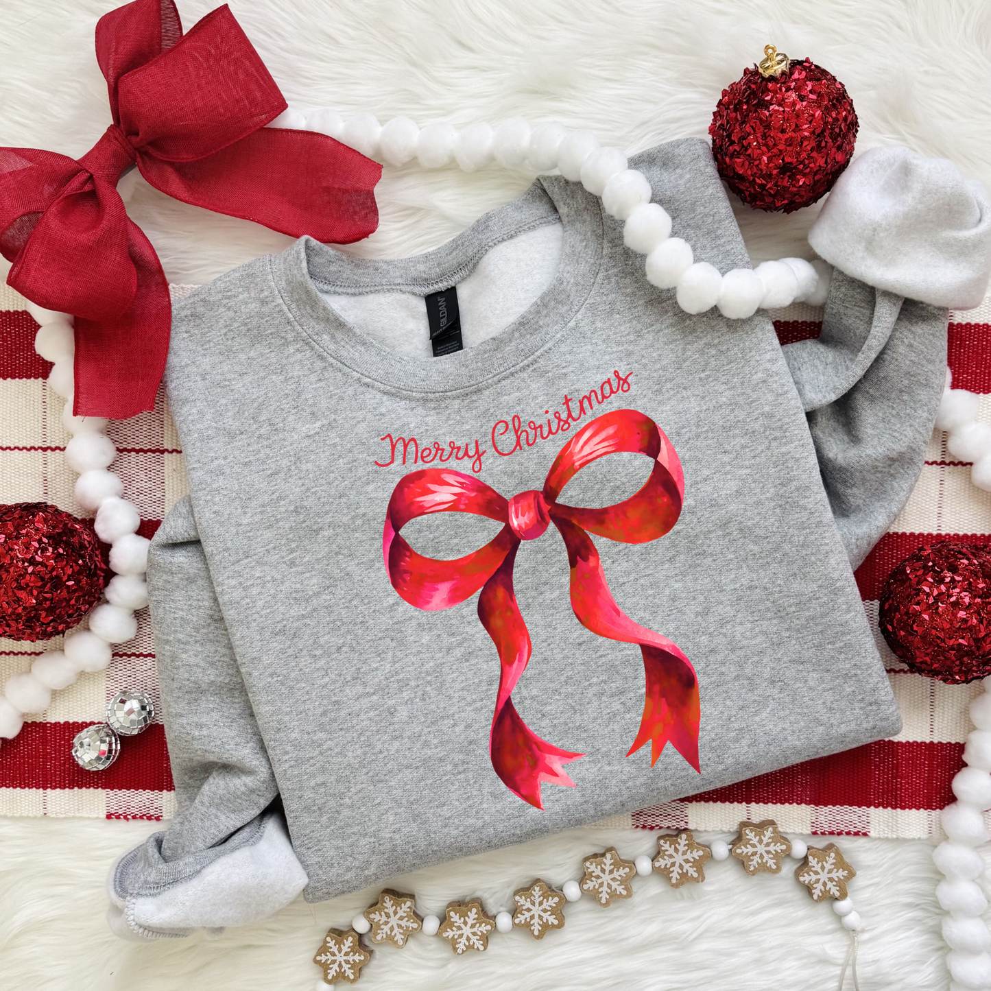 Gildan 18000 Merry Christmas crewneck with large red bow