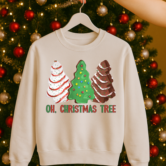 Oh Christmas Tree Sweatshirt | Cute Christmas Baking Crewneck | Gildan 18000 Unisex Holiday Sweatshirt with Cakes & Cupcakes