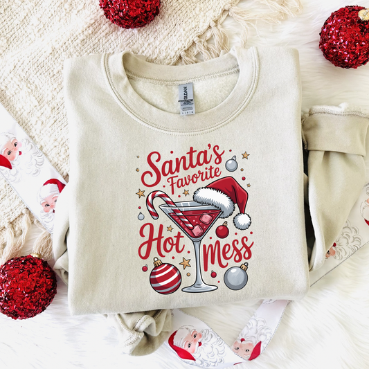 Santa’s Favorite Hot Mess Sweatshirt | Funny Christmas Crewneck for Women | Gildan 18000