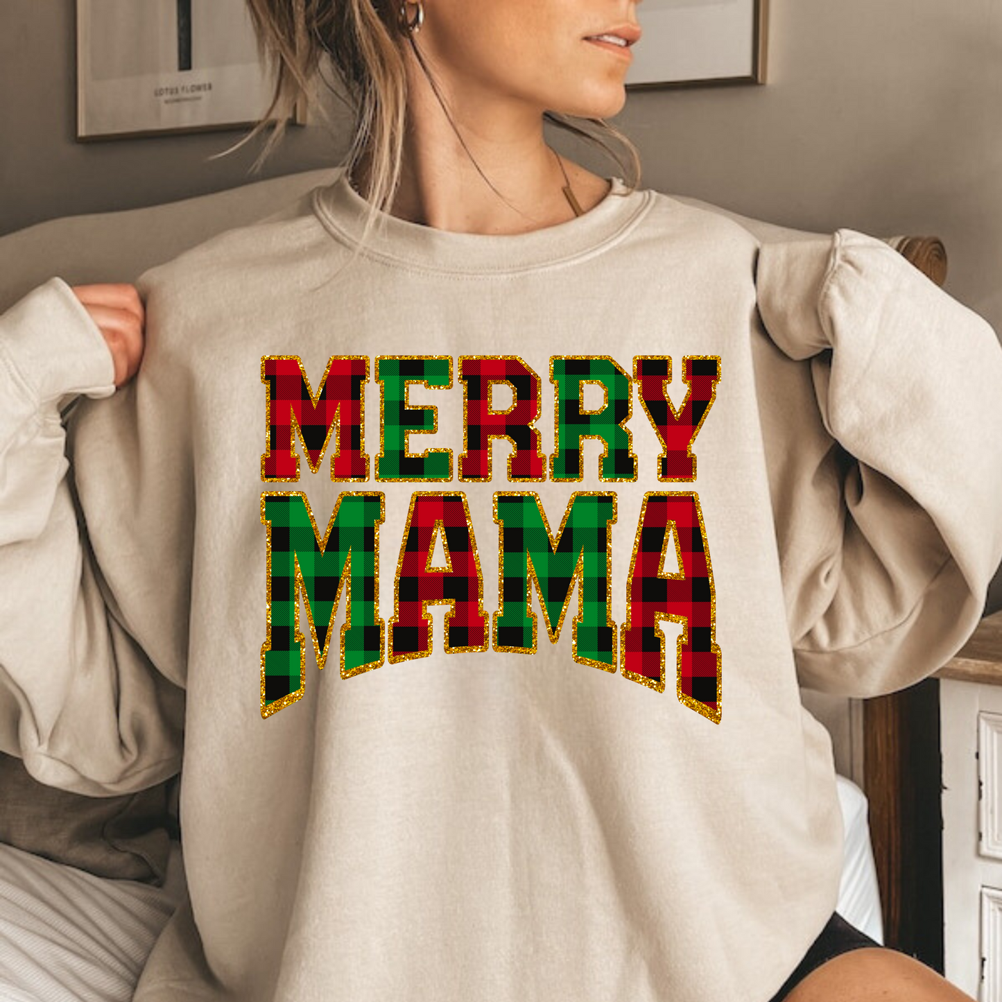 Merry Mama Christmas Sweatshirt | Red & Green Plaid Cozy Holiday Crewneck | Gildan 18000