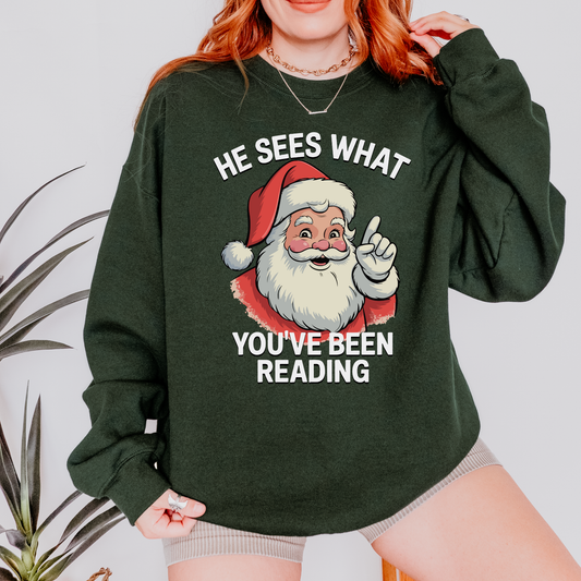 He Sees What You’ve Been Reading Christmas Sweatshirt | Smut Reader BookTok Crewneck | Gildan 18000