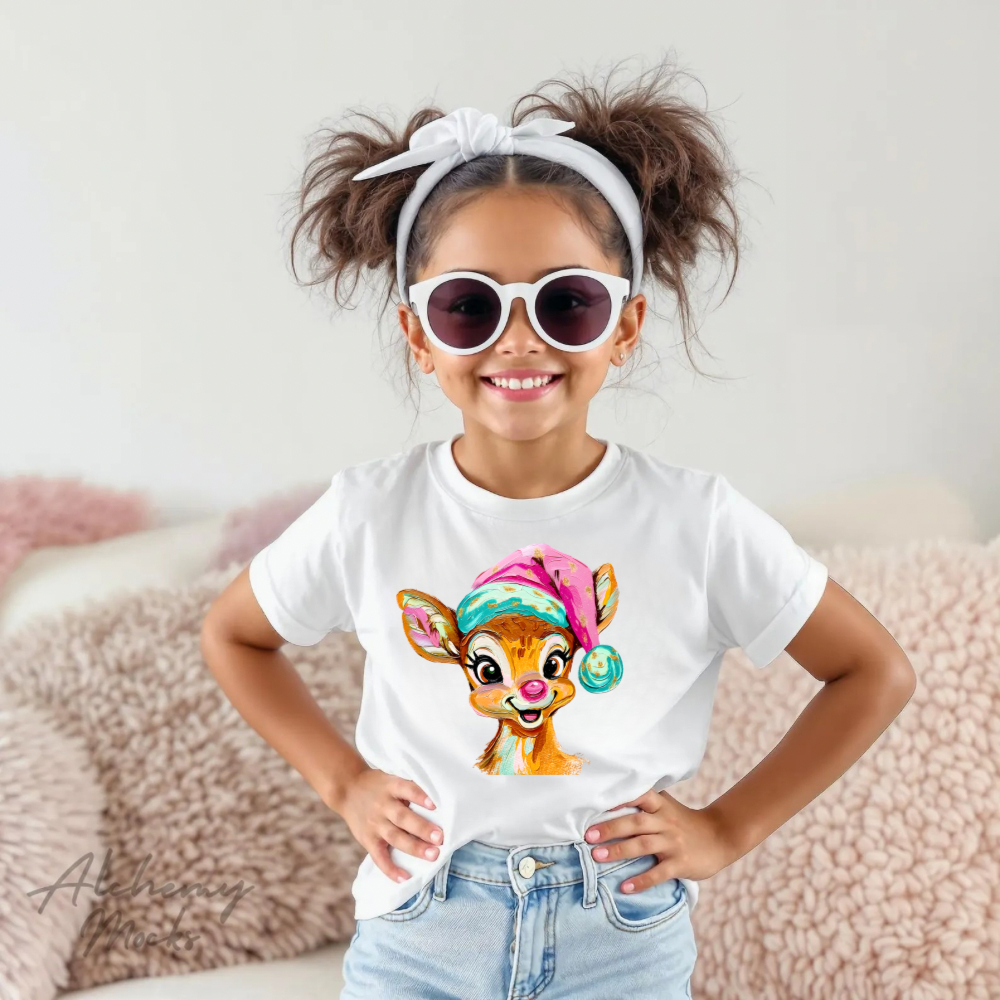 Girls Pink Reindeer Christmas Shirt | Cute Holiday Tee