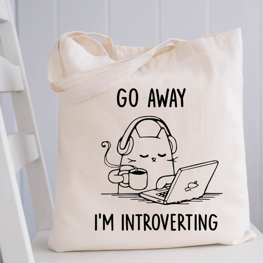 Go Away I’m Introverting Tote Bag | Funny Cat Canvas Tote