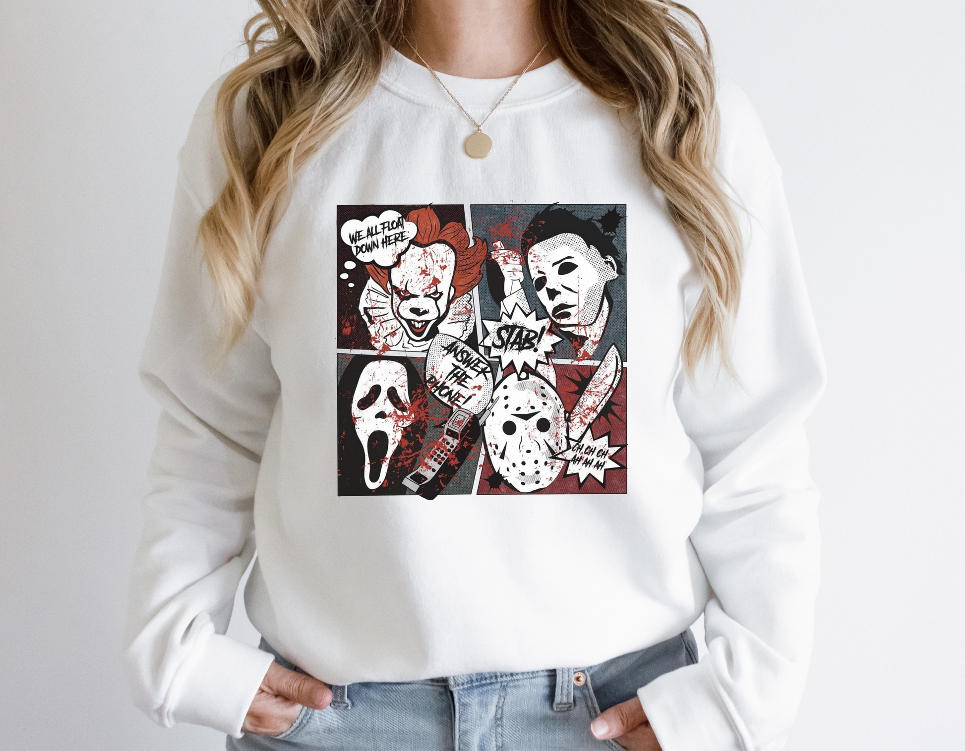 A Halloween horror movie crewneck sweatshirt for women featuring a retro-inspired design with a spooky and comic book aesthetic.