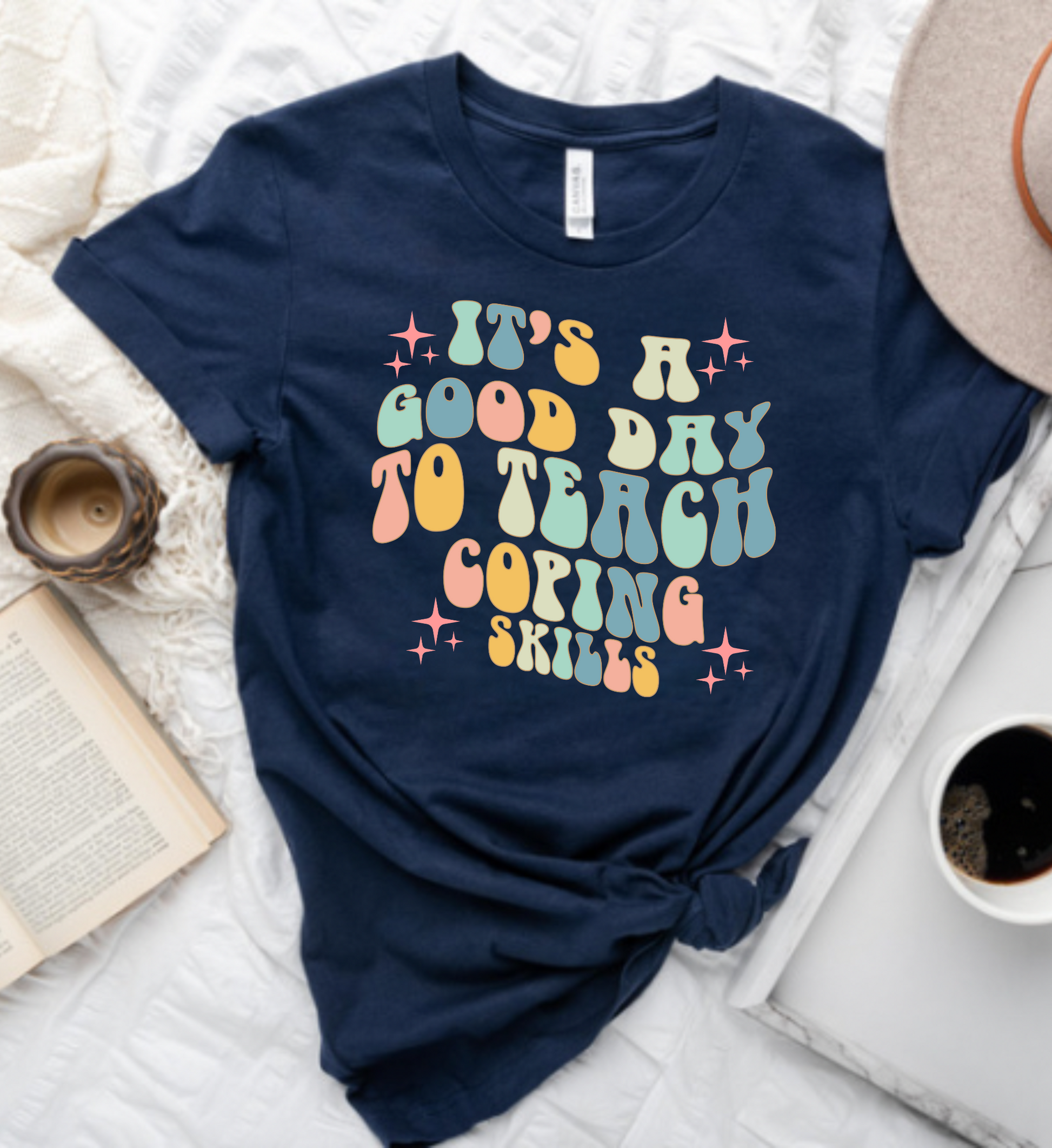 "It's a Good Day to Teach Coping Skills" T-Shirt - Image of a vintage t-shirt with the phrase "It's a Good Day to Teach Coping Skills" in bold, colorful lettering, perfect for social workers, counselors, and special education teachers.