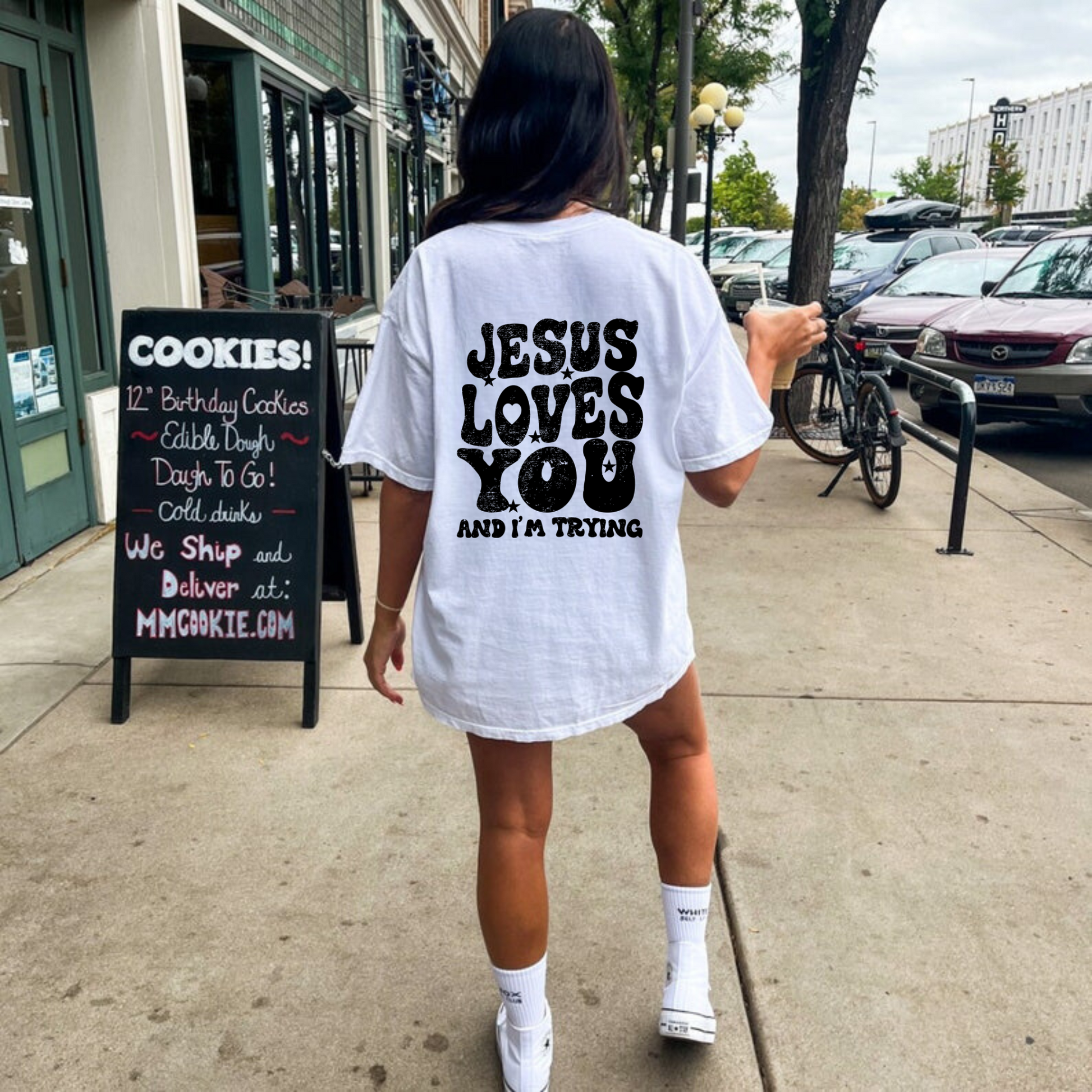 Trendy oversized Comfort Colors t-shirt with "Jesus Loves You and I'm Trying" message on the back. Perfect for a comfy and stylish outfit.