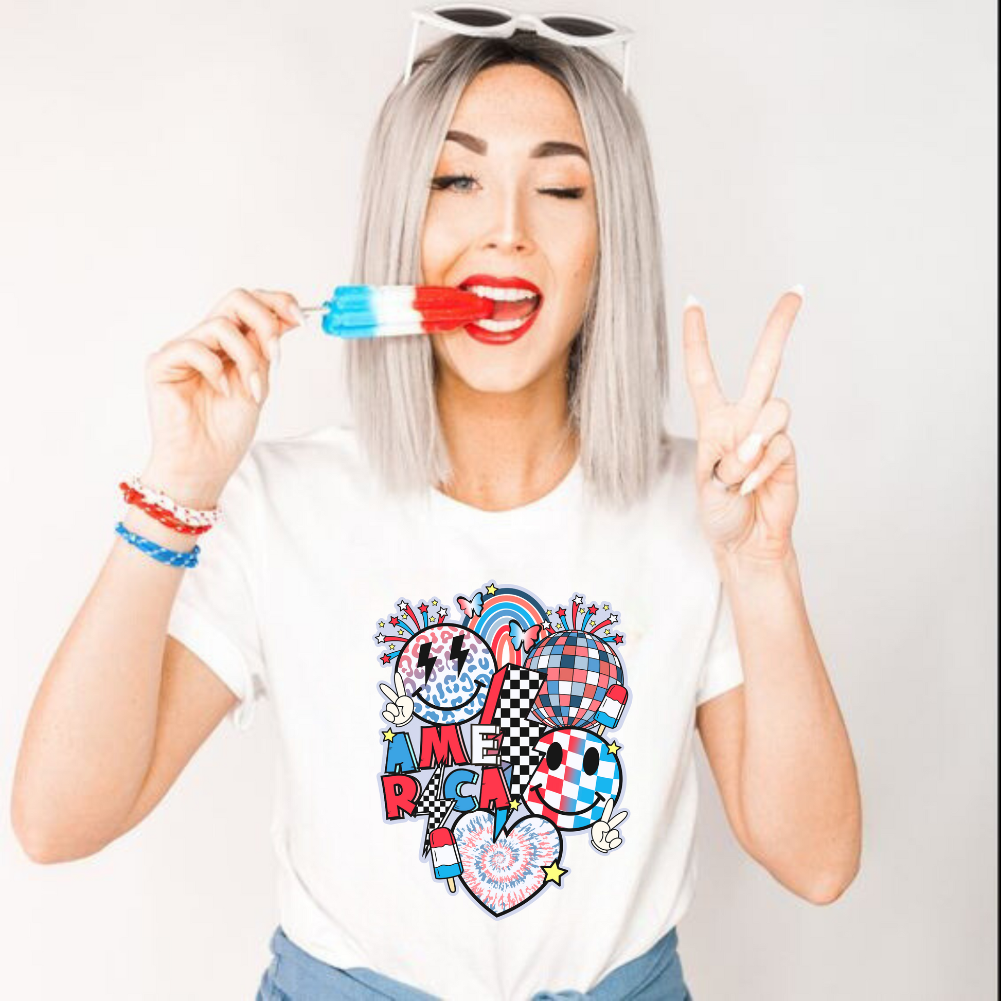 "Retro Patriotic T-Shirt for Women" - A red, white, and blue vintage-inspired t-shirt with patriotic design. Perfect for 4th of July and Independence Day celebrations.