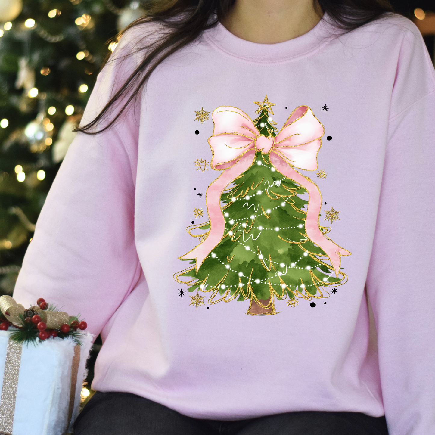 Christmas Tree with Pink Bow Coquette Christmas Crewneck Sweatshirt