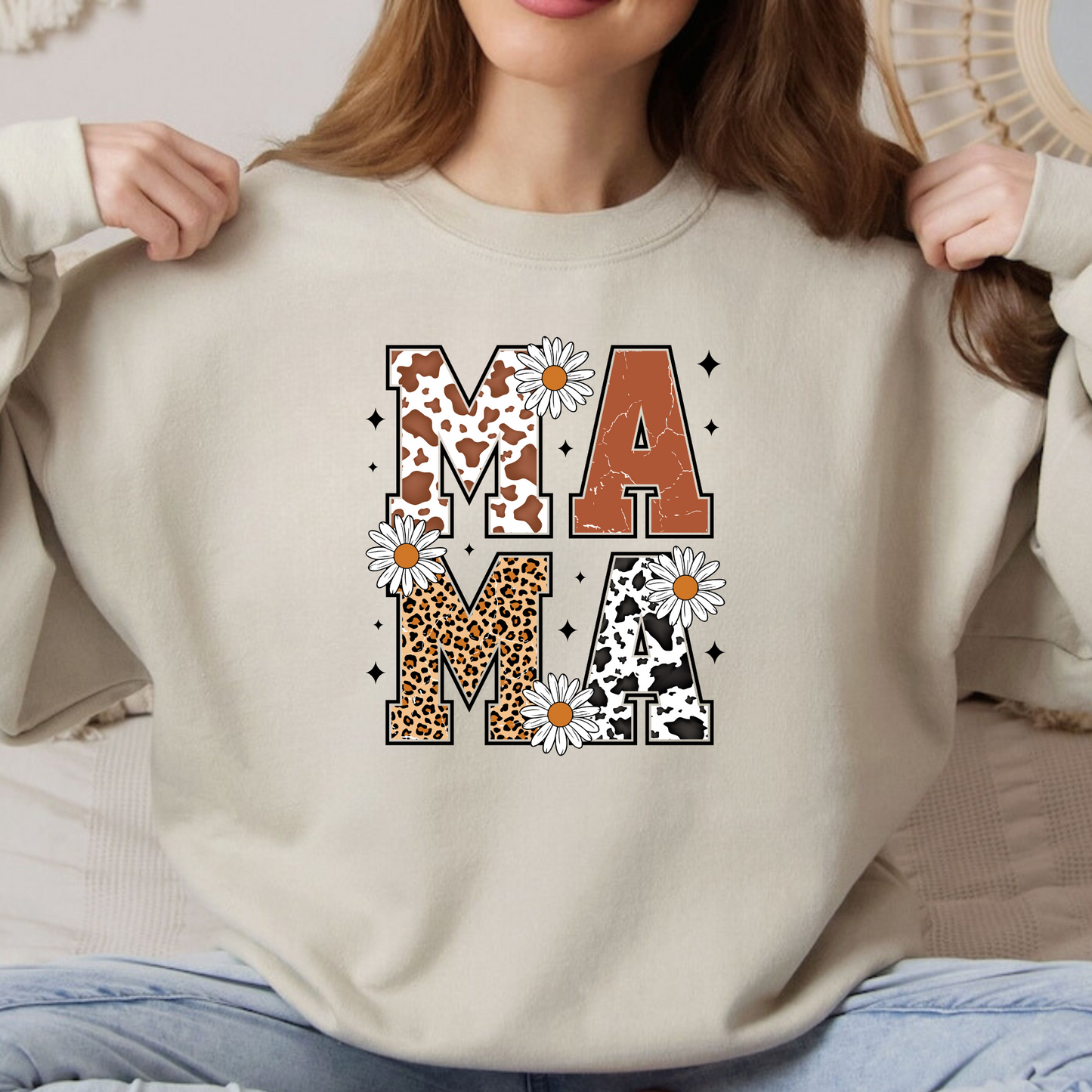 Western Cow Print Mama Crewneck Sweatshirt